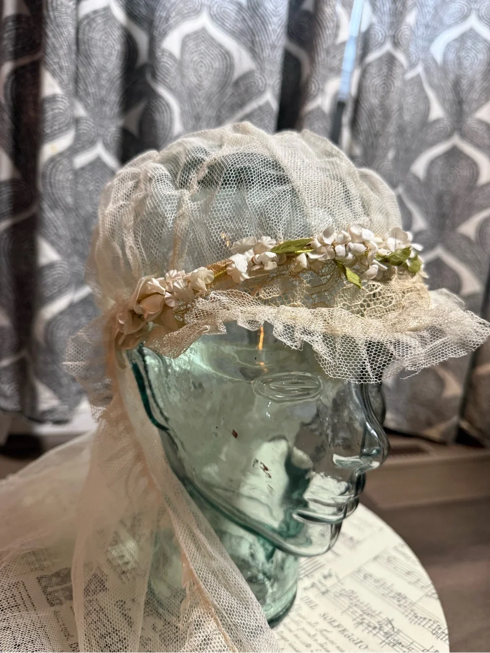 Vintage 1920s Juliet Cap Veil with Silk Floral Accents & Lace Netting
